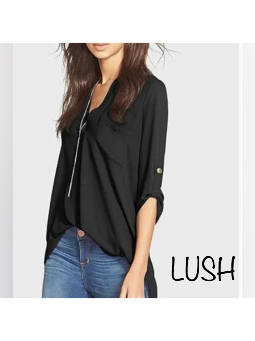NWOT Lush V-luptuous Blouse in sheer Black w Chic front pocket size XL